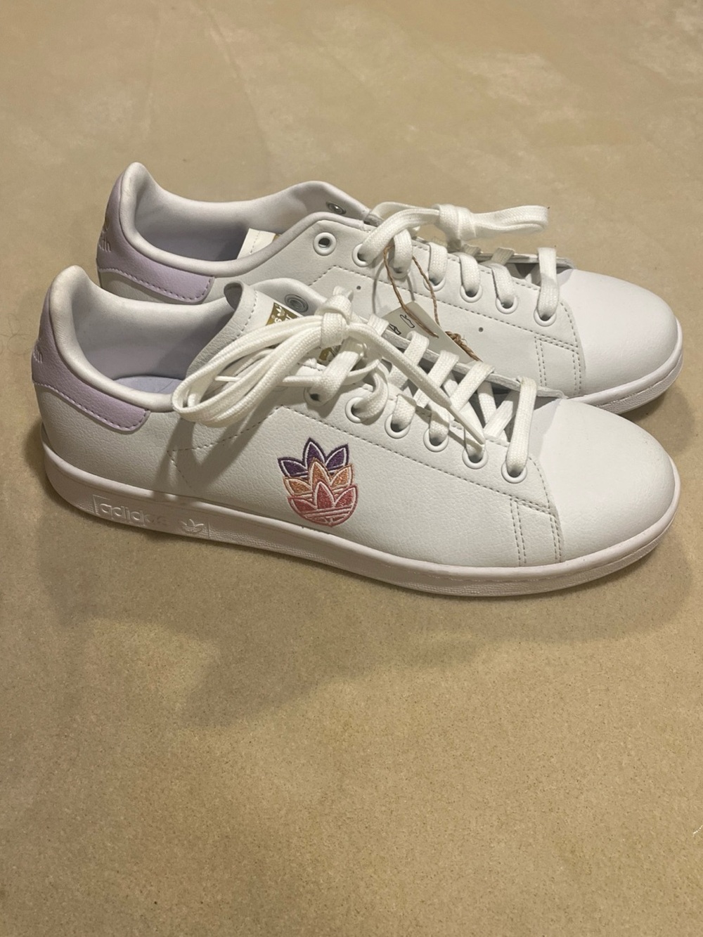 adidas White Sneakers with Lavender Heel and Multicolor Floral Logo